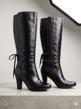 Tamaris Womens Black Leather Tall Knee High Boots Heeled Lace Up Detail EU 40⁠